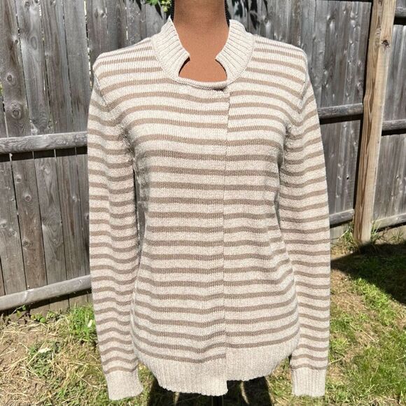 St. John Striped Cardigan Sweater in Dark Alabaster & Light Slate Women’s Small - Picture 2 of 15